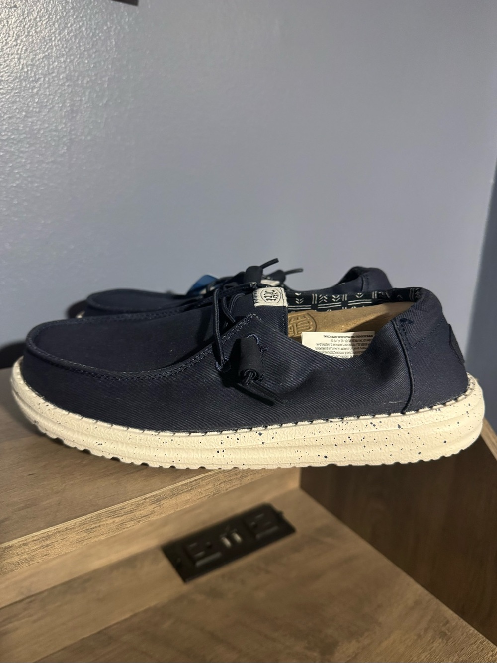 Hey Dude Navy Canvas Slip-Ons with Cream Speckled Sole